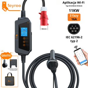 Feyree Type 2 Mobile EV Charger 11KW 16A 3-Phase with Wi-Fi + FREE Bag and Holder